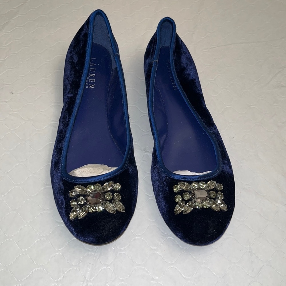 Ralph Lauren blue velvet ballet flats with rhinestone embellishments at toe
